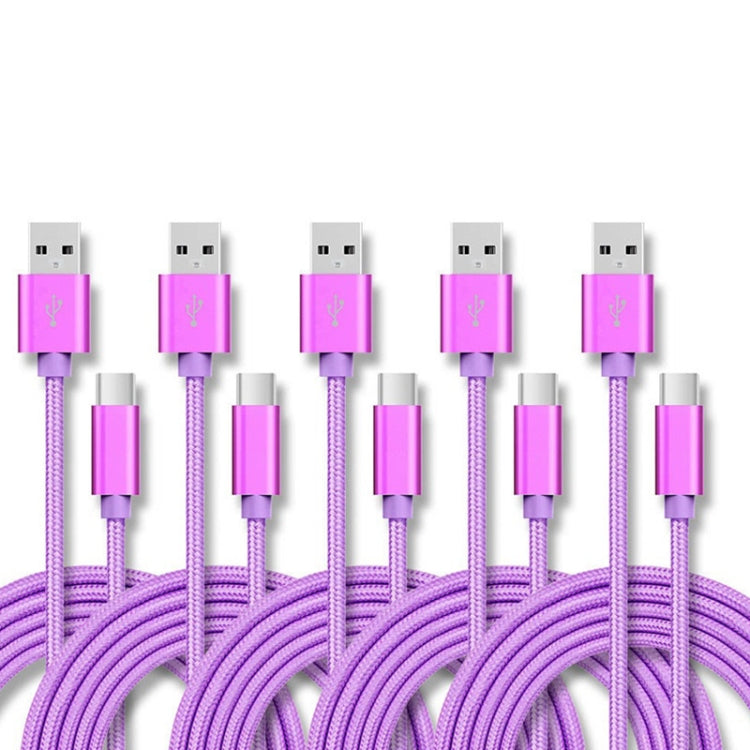 5 PCS USB to USB-C / Type-C Nylon Braided Charging Data Transmission Cable, Cable Length:3m
