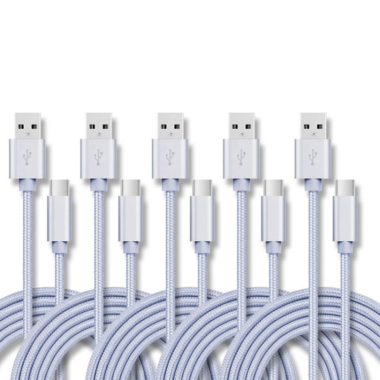 5 PCS USB to USB-C / Type-C Nylon Braided Charging Data Transmission Cable, Cable Length:3m