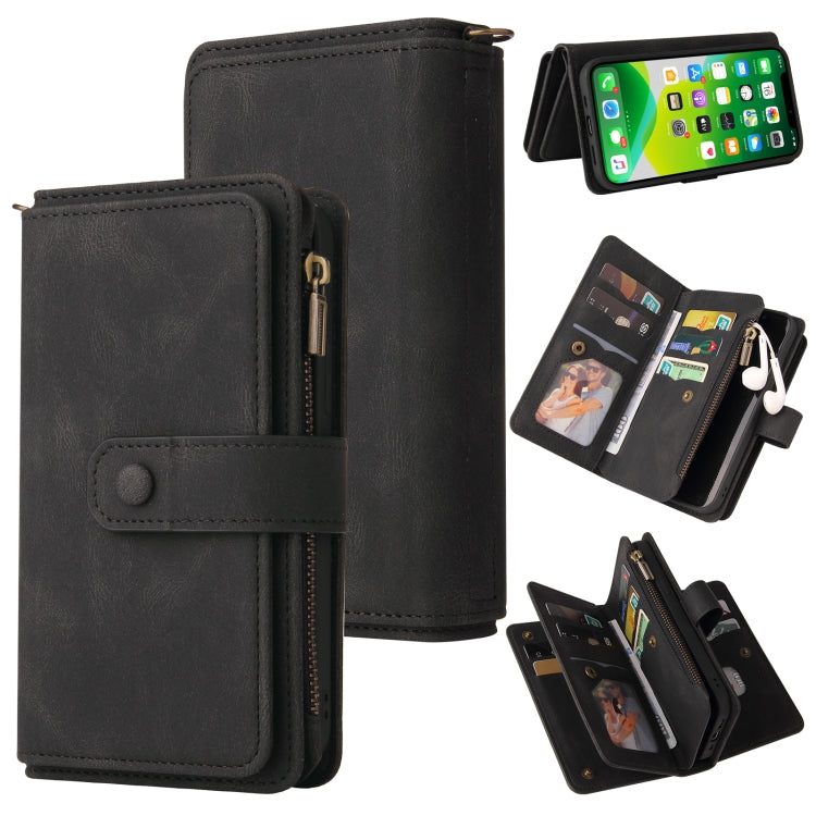 For iPhone 13 Skin Feel PU + TPU Horizontal Flip Leather Case with Holder & 15 Cards Slot & Wallet & Zipper Pocket & Lanyard