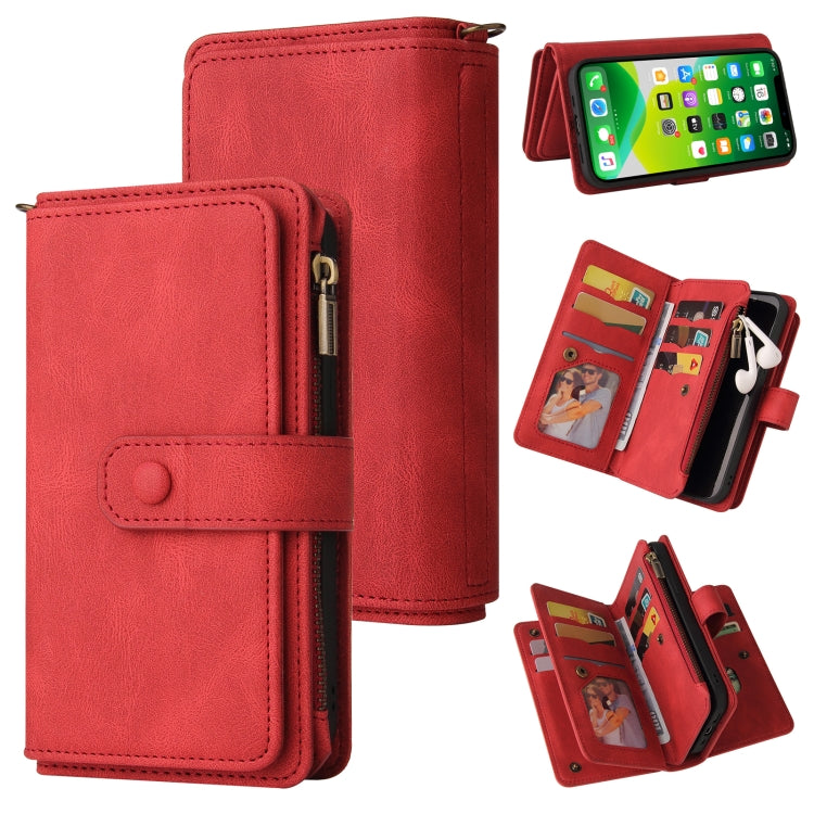For iPhone 13 Skin Feel PU + TPU Horizontal Flip Leather Case with Holder & 15 Cards Slot & Wallet & Zipper Pocket & Lanyard
