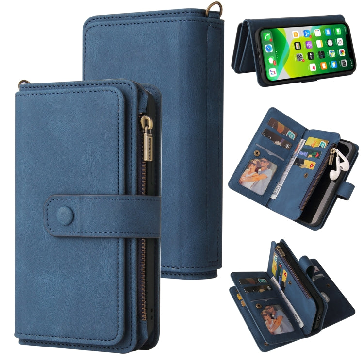 For iPhone 13 Skin Feel PU + TPU Horizontal Flip Leather Case with Holder & 15 Cards Slot & Wallet & Zipper Pocket & Lanyard