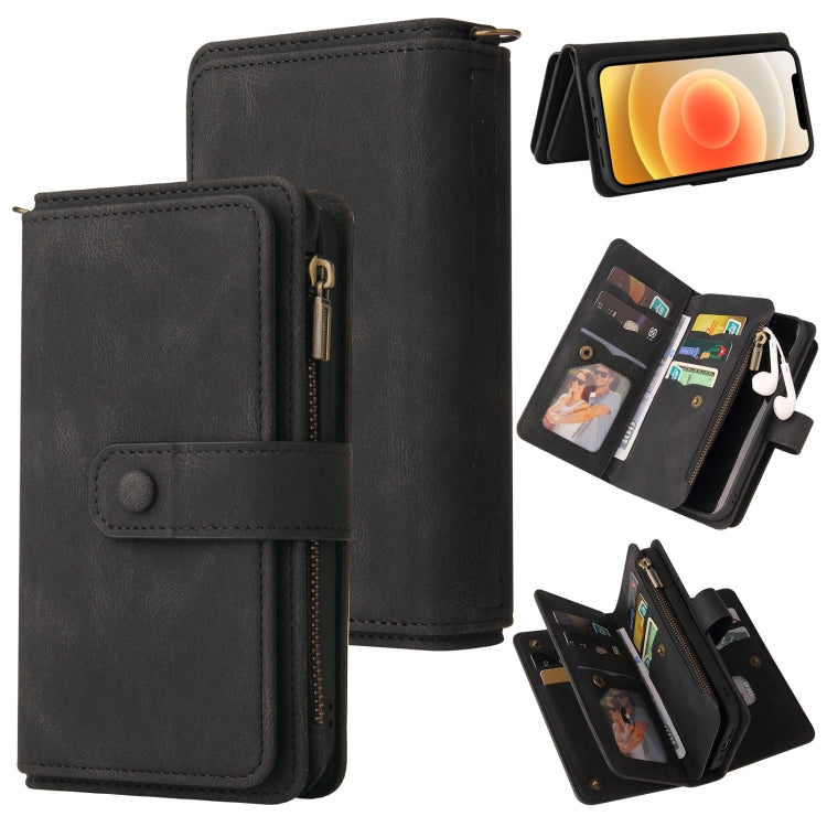 For iPhone 12 / 12 Pro Skin Feel PU + TPU Horizontal Flip Leather Case with Holder & 15 Cards Slot & Wallet & Zipper Pocket & Lanyard