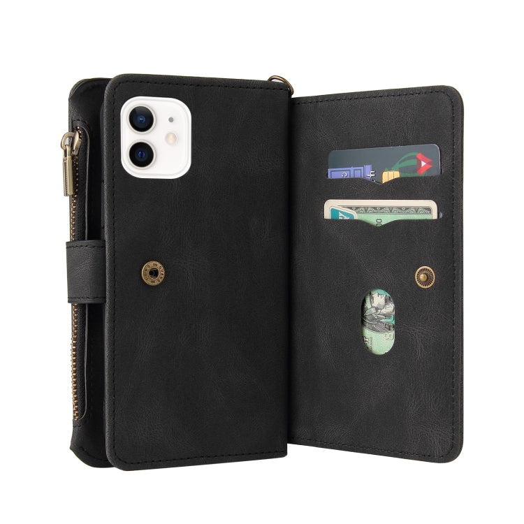 For iPhone 12 / 12 Pro Skin Feel PU + TPU Horizontal Flip Leather Case with Holder & 15 Cards Slot & Wallet & Zipper Pocket & Lanyard