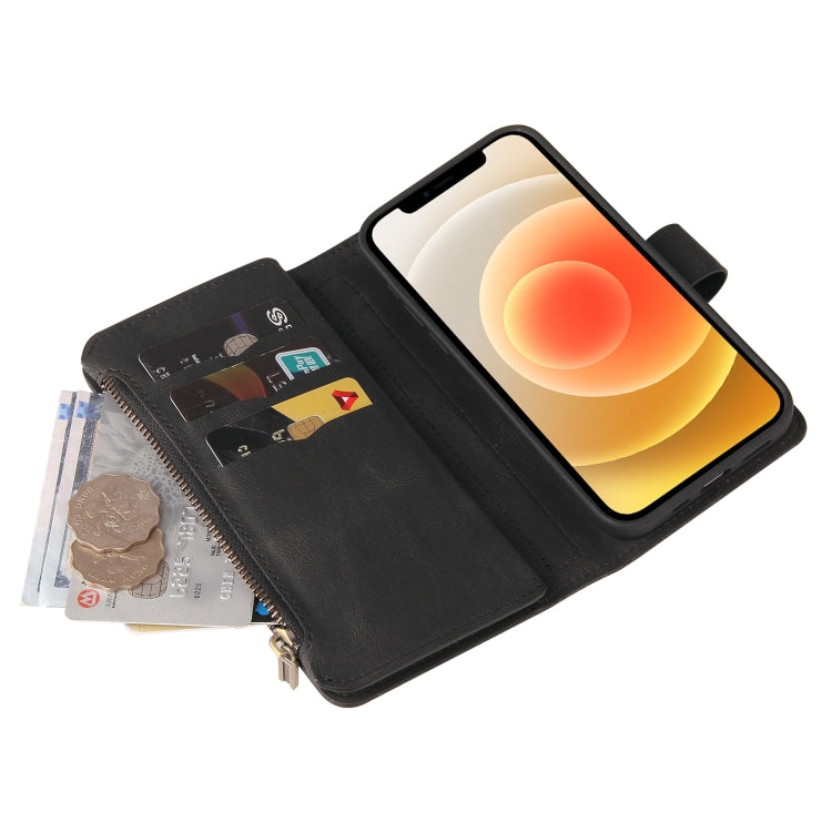 For iPhone 12 / 12 Pro Skin Feel PU + TPU Horizontal Flip Leather Case with Holder & 15 Cards Slot & Wallet & Zipper Pocket & Lanyard