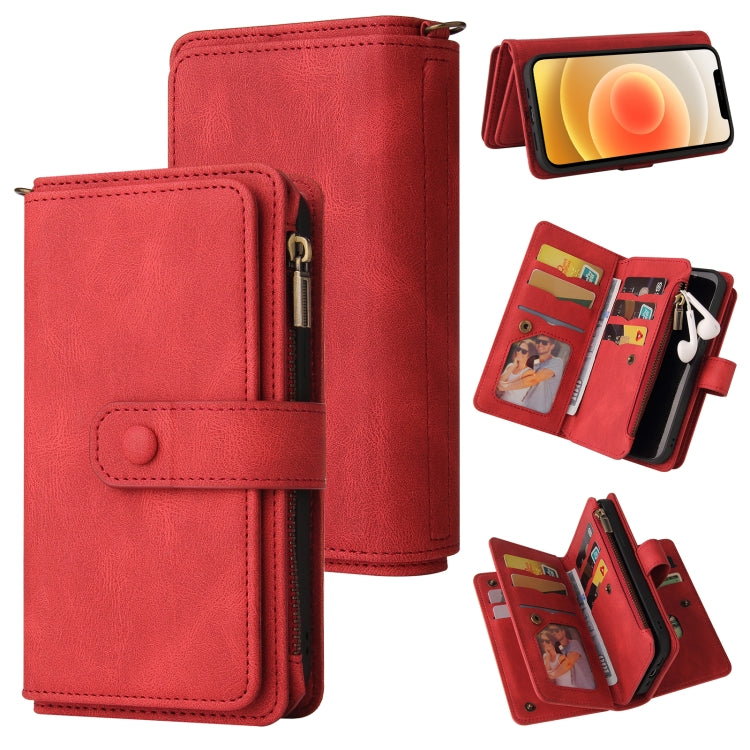 For iPhone 12 / 12 Pro Skin Feel PU + TPU Horizontal Flip Leather Case with Holder & 15 Cards Slot & Wallet & Zipper Pocket & Lanyard