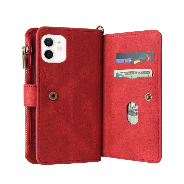 For iPhone 12 / 12 Pro Skin Feel PU + TPU Horizontal Flip Leather Case with Holder & 15 Cards Slot & Wallet & Zipper Pocket & Lanyard
