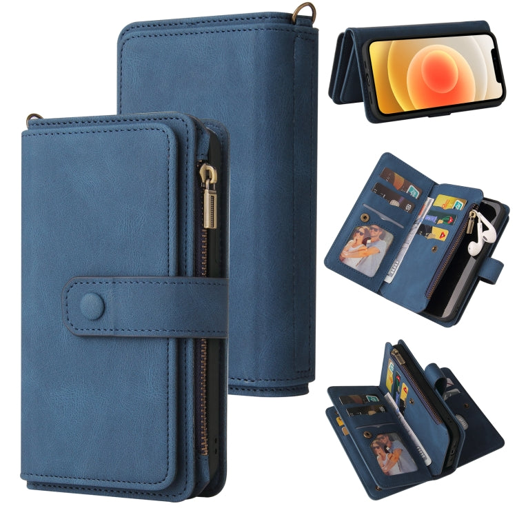 For iPhone 12 / 12 Pro Skin Feel PU + TPU Horizontal Flip Leather Case with Holder & 15 Cards Slot & Wallet & Zipper Pocket & Lanyard