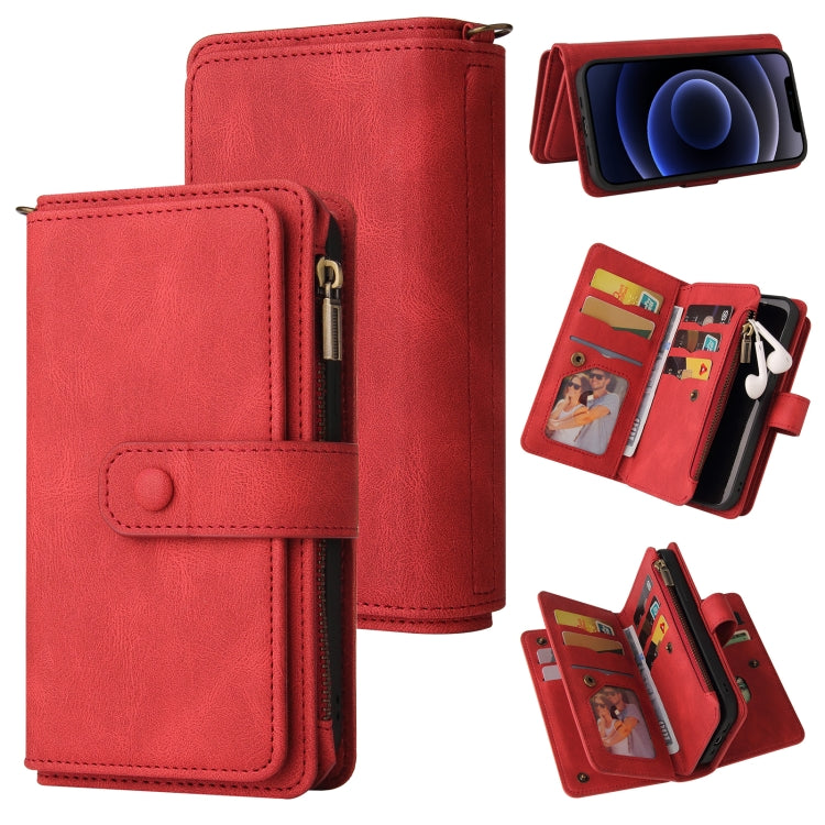 For iPhone 12 mini Skin Feel PU + TPU Horizontal Flip Leather Case with Holder & 15 Cards Slot & Wallet & Zipper Pocket & Lanyard