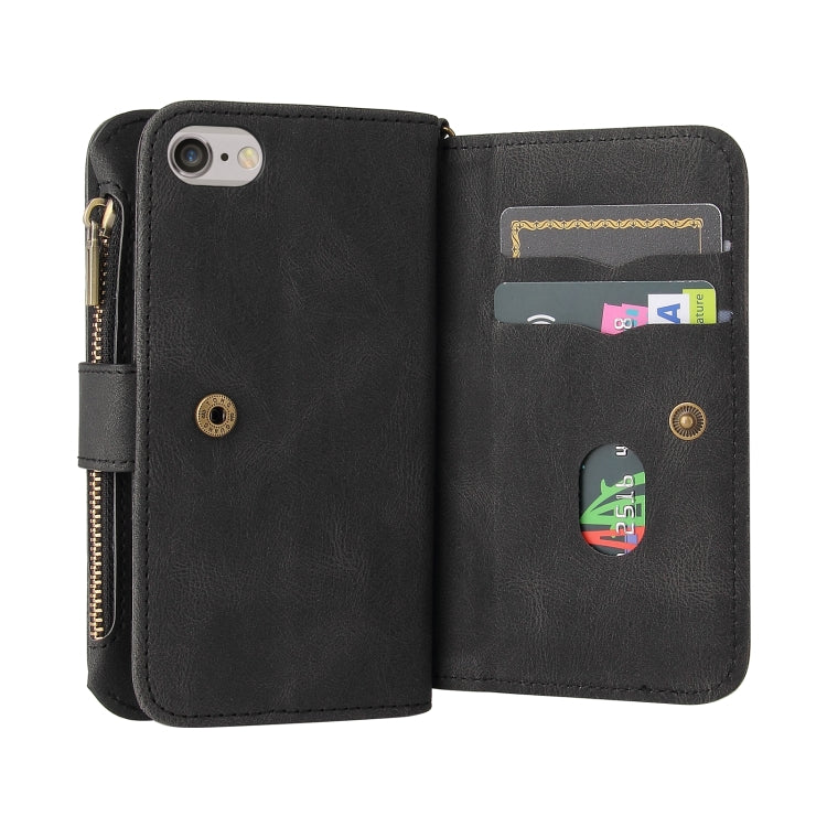 For iPhone SE 2022 / SE 2020 / 8 / 7 Skin Feel PU + TPU Horizontal Flip Leather Case with Holder & 15 Cards Slot & Wallet & Zipper Pocket & Lanyard