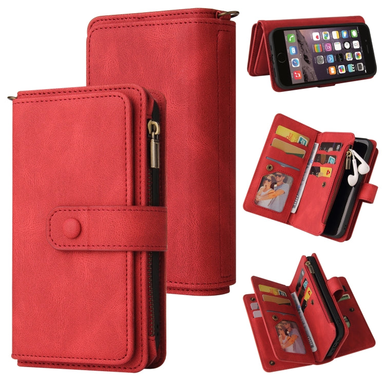 For iPhone SE 2022 / SE 2020 / 8 / 7 Skin Feel PU + TPU Horizontal Flip Leather Case with Holder & 15 Cards Slot & Wallet & Zipper Pocket & Lanyard