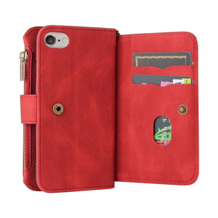 For iPhone SE 2022 / SE 2020 / 8 / 7 Skin Feel PU + TPU Horizontal Flip Leather Case with Holder & 15 Cards Slot & Wallet & Zipper Pocket & Lanyard
