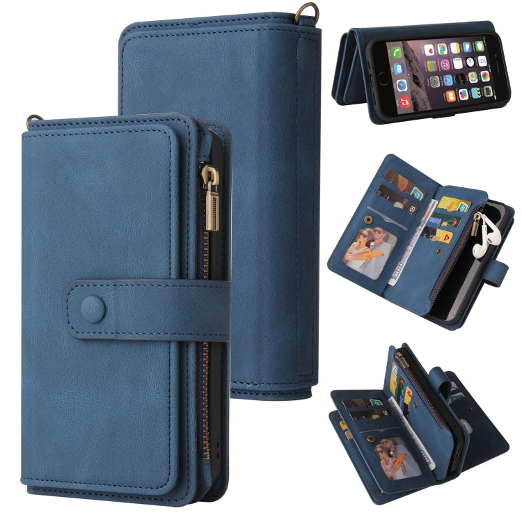 For iPhone SE 2022 / SE 2020 / 8 / 7 Skin Feel PU + TPU Horizontal Flip Leather Case with Holder & 15 Cards Slot & Wallet & Zipper Pocket & Lanyard