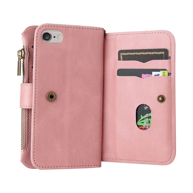 For iPhone SE 2022 / SE 2020 / 8 / 7 Skin Feel PU + TPU Horizontal Flip Leather Case with Holder & 15 Cards Slot & Wallet & Zipper Pocket & Lanyard
