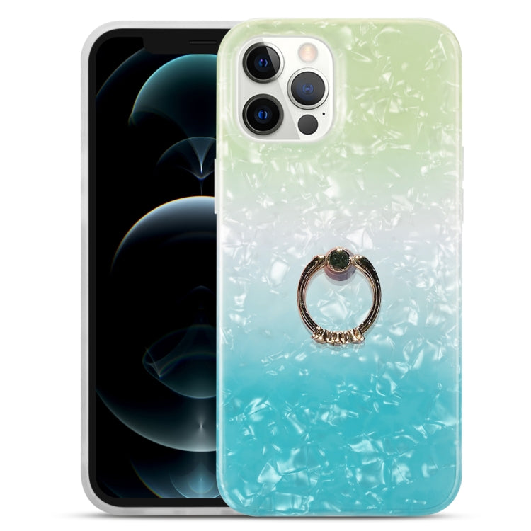 For iPhone 12 / 12 Pro Gradient Color Shell Texture IMD TPU Shockproof Case with Ring Holder