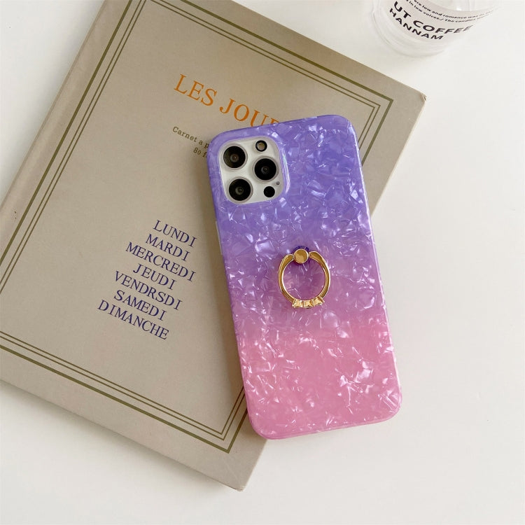 For iPhone 11 Pro Max Gradient Color Shell Texture IMD TPU Shockproof Case with Ring Holder