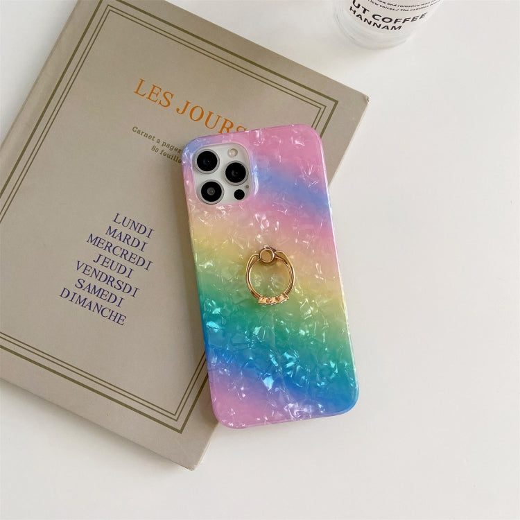 For iPhone 11 Pro Max Gradient Color Shell Texture IMD TPU Shockproof Case with Ring Holder