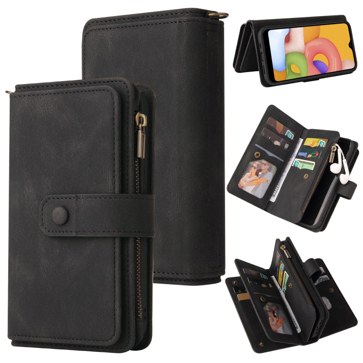 For Samsung Galaxy A01 Skin Feel PU + TPU Horizontal Flip Leather Case with Holder & 15 Cards Slot & Wallet & Zipper Pocket & Lanyard