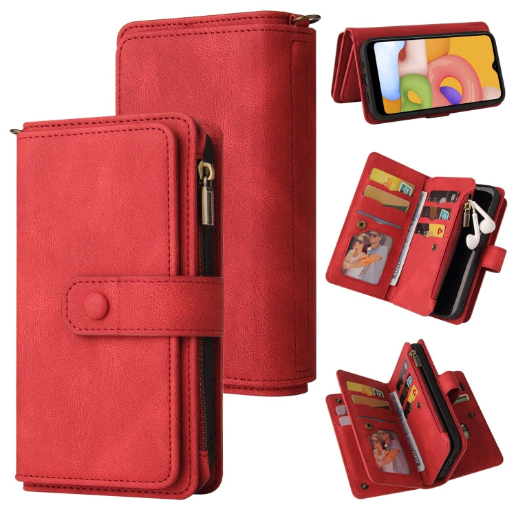 For Samsung Galaxy A01 Skin Feel PU + TPU Horizontal Flip Leather Case with Holder & 15 Cards Slot & Wallet & Zipper Pocket & Lanyard