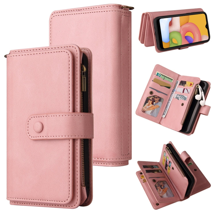 For Samsung Galaxy A01 Skin Feel PU + TPU Horizontal Flip Leather Case with Holder & 15 Cards Slot & Wallet & Zipper Pocket & Lanyard