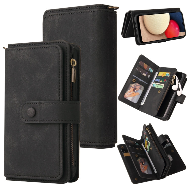For Samsung Galaxy A02s Skin Feel PU + TPU Horizontal Flip Leather Case with Holder & 15 Cards Slot & Wallet & Zipper Pocket & Lanyard