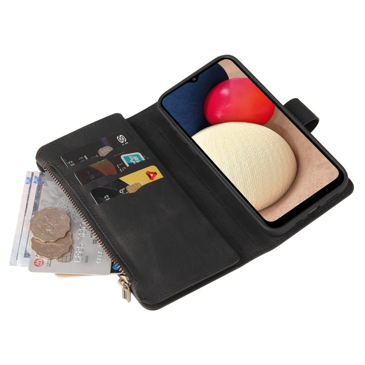 For Samsung Galaxy A02s Skin Feel PU + TPU Horizontal Flip Leather Case with Holder & 15 Cards Slot & Wallet & Zipper Pocket & Lanyard