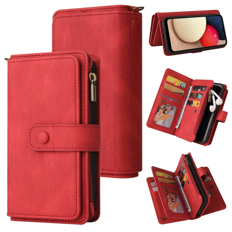 For Samsung Galaxy A02s Skin Feel PU + TPU Horizontal Flip Leather Case with Holder & 15 Cards Slot & Wallet & Zipper Pocket & Lanyard