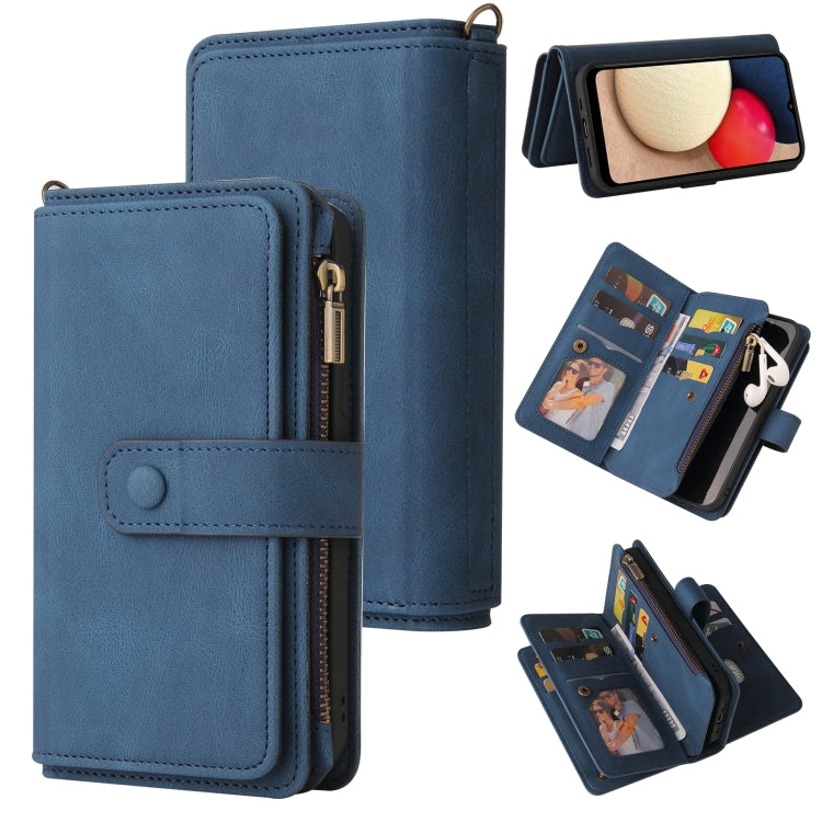 For Samsung Galaxy A02s Skin Feel PU + TPU Horizontal Flip Leather Case with Holder & 15 Cards Slot & Wallet & Zipper Pocket & Lanyard