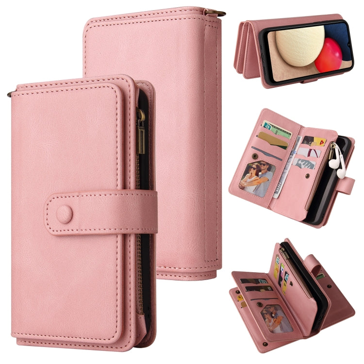 For Samsung Galaxy A02s Skin Feel PU + TPU Horizontal Flip Leather Case with Holder & 15 Cards Slot & Wallet & Zipper Pocket & Lanyard