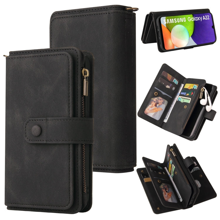 For Samsung Galaxy A22 4G Skin Feel PU + TPU Horizontal Flip Leather Case with Holder & 15 Cards Slot & Wallet & Zipper Pocket & Lanyard