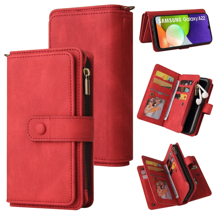 For Samsung Galaxy A22 4G Skin Feel PU + TPU Horizontal Flip Leather Case with Holder & 15 Cards Slot & Wallet & Zipper Pocket & Lanyard
