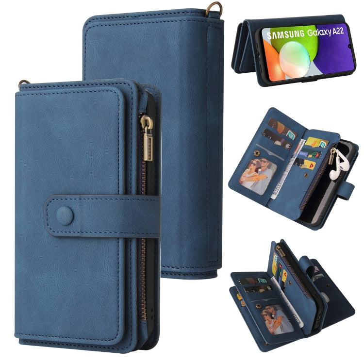 For Samsung Galaxy A22 4G Skin Feel PU + TPU Horizontal Flip Leather Case with Holder & 15 Cards Slot & Wallet & Zipper Pocket & Lanyard