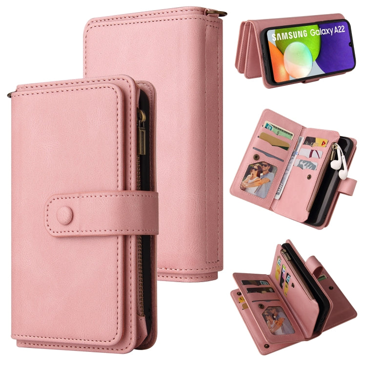 For Samsung Galaxy A22 4G Skin Feel PU + TPU Horizontal Flip Leather Case with Holder & 15 Cards Slot & Wallet & Zipper Pocket & Lanyard