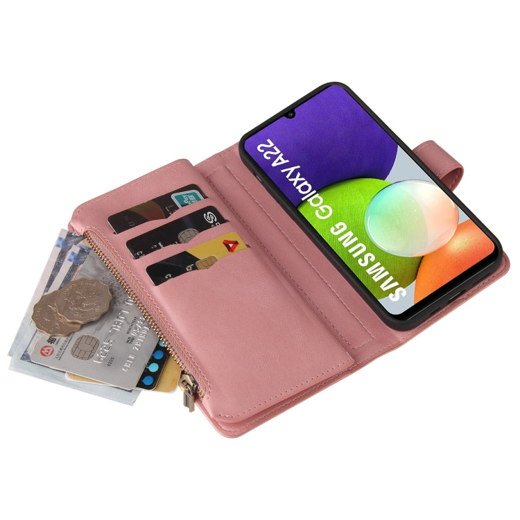 For Samsung Galaxy A22 4G Skin Feel PU + TPU Horizontal Flip Leather Case with Holder & 15 Cards Slot & Wallet & Zipper Pocket & Lanyard