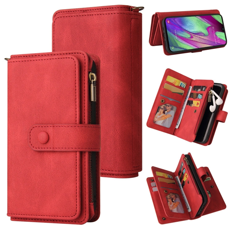 For Samsung Galaxy A40 Skin Feel PU + TPU Horizontal Flip Leather Case with Holder & 15 Cards Slot & Wallet & Zipper Pocket & Lanyard