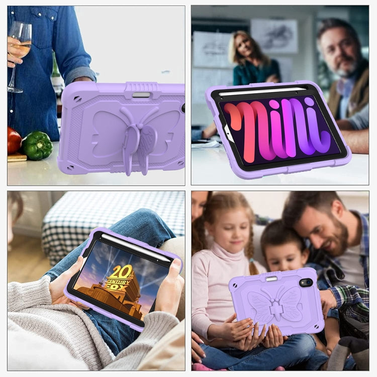 For iPad mini 6 Pure Color PC + Silicone Anti-drop Protective Tablet Case with Butterfly Shape Holder & Pen Slot