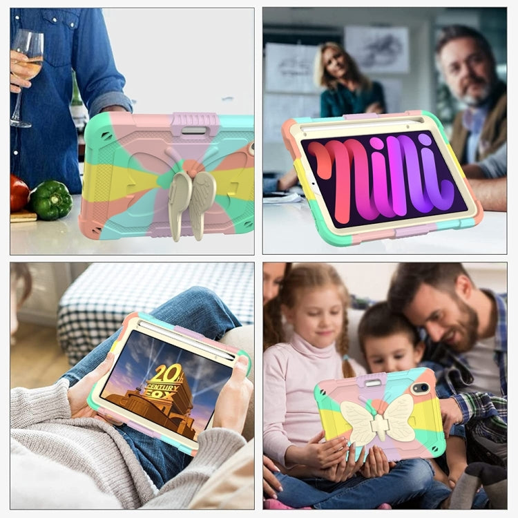 For iPad mini 6 Beige PC + Silicone Anti-drop Protective Tablet Case with Butterfly Shape Holder & Pen Slot