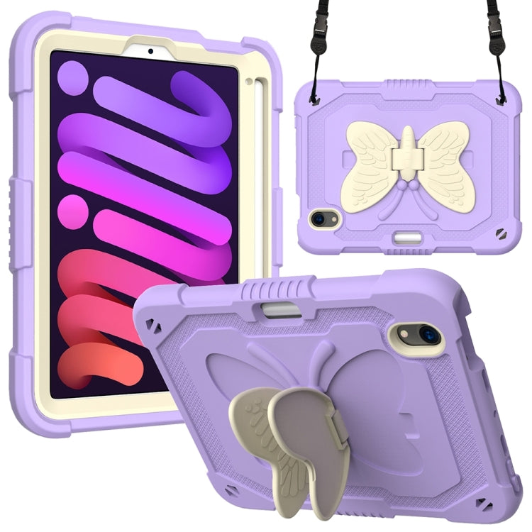For iPad mini 6 Beige PC + Silicone Anti-drop Protective Tablet Case with Butterfly Shape Holder & Pen Slot