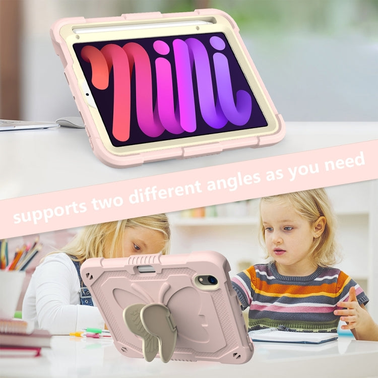 For iPad mini 6 Beige PC + Silicone Anti-drop Protective Tablet Case with Butterfly Shape Holder & Pen Slot