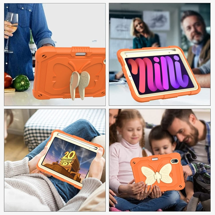 For iPad mini 6 Beige PC + Silicone Anti-drop Protective Tablet Case with Butterfly Shape Holder & Pen Slot