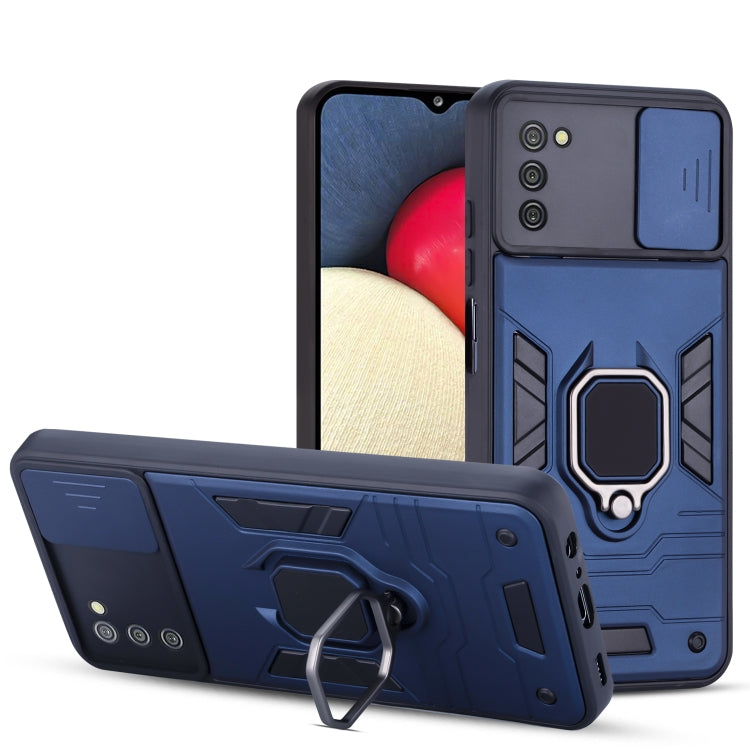 For Samsung Galaxy A03s Warrior Armor Sliding Camera Cover Design TPU + PC Shockproof Case with Ring Holder