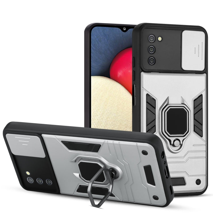 For Samsung Galaxy A03s Warrior Armor Sliding Camera Cover Design TPU + PC Shockproof Case with Ring Holder