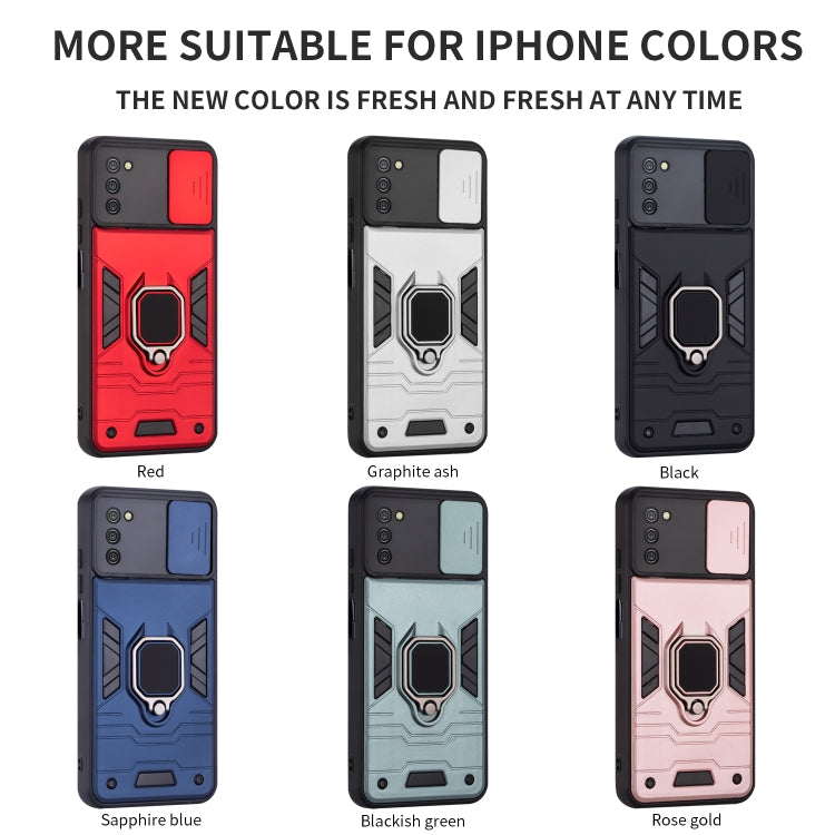 For Samsung Galaxy A03s Warrior Armor Sliding Camera Cover Design TPU + PC Shockproof Case with Ring Holder