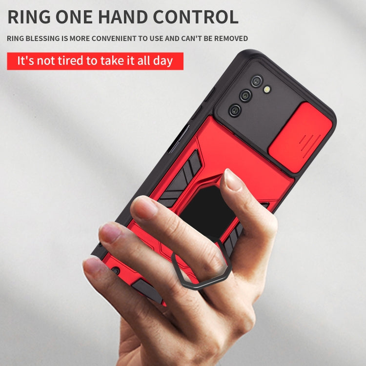 For Samsung Galaxy A03s Warrior Armor Sliding Camera Cover Design TPU + PC Shockproof Case with Ring Holder