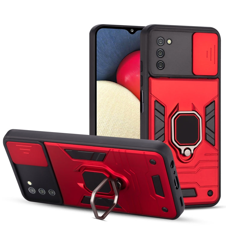 For Samsung Galaxy A03s Warrior Armor Sliding Camera Cover Design TPU + PC Shockproof Case with Ring Holder