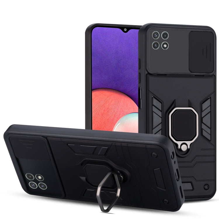 For Samsung Galaxy A22 Warrior Armor Sliding Camera Cover Design TPU + PC Shockproof Case with Ring Holder