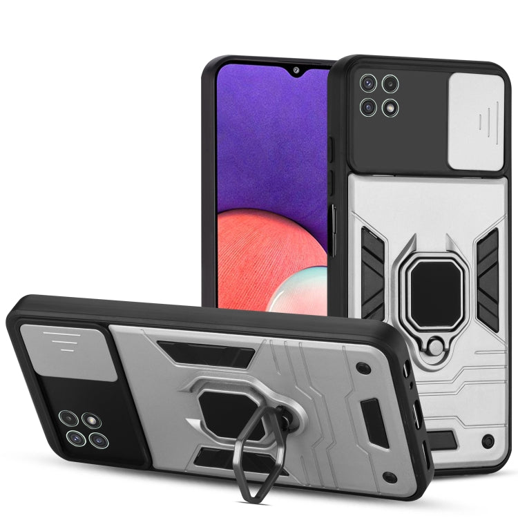 For Samsung Galaxy A22 Warrior Armor Sliding Camera Cover Design TPU + PC Shockproof Case with Ring Holder