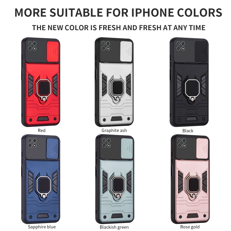 For Samsung Galaxy A22 Warrior Armor Sliding Camera Cover Design TPU + PC Shockproof Case with Ring Holder