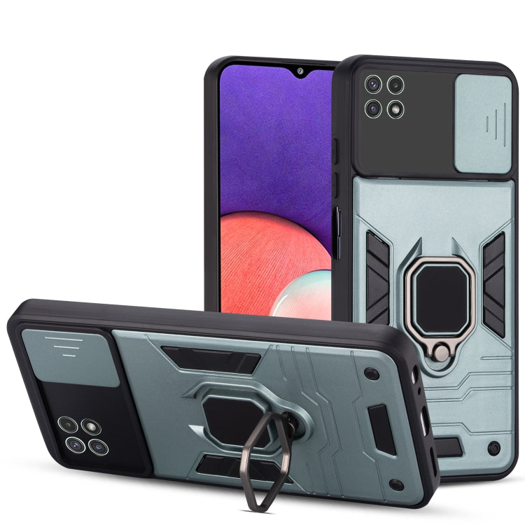 For Samsung Galaxy A22 Warrior Armor Sliding Camera Cover Design TPU + PC Shockproof Case with Ring Holder