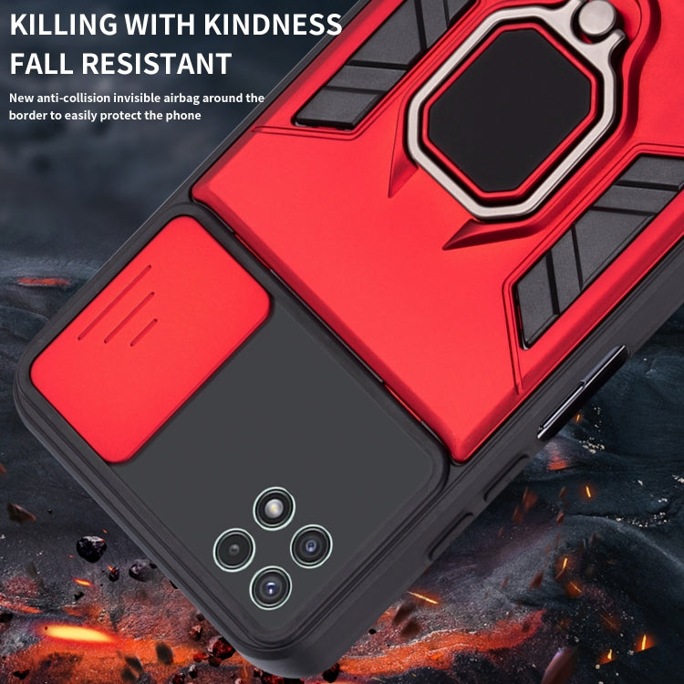 For Samsung Galaxy A22 Warrior Armor Sliding Camera Cover Design TPU + PC Shockproof Case with Ring Holder