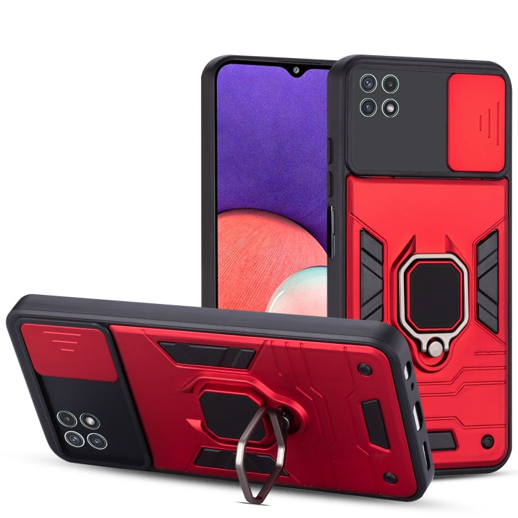 For Samsung Galaxy A22 Warrior Armor Sliding Camera Cover Design TPU + PC Shockproof Case with Ring Holder